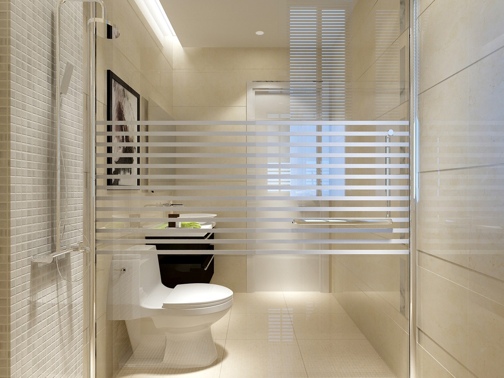 Medium sized world-inspired ensuite bathroom in Other with a built-in sink, beaded cabinets, beige cabinets, limestone worktops, a corner bath, a corner shower, a one-piece toilet, beige tiles, stone tiles, beige walls and limestone flooring.