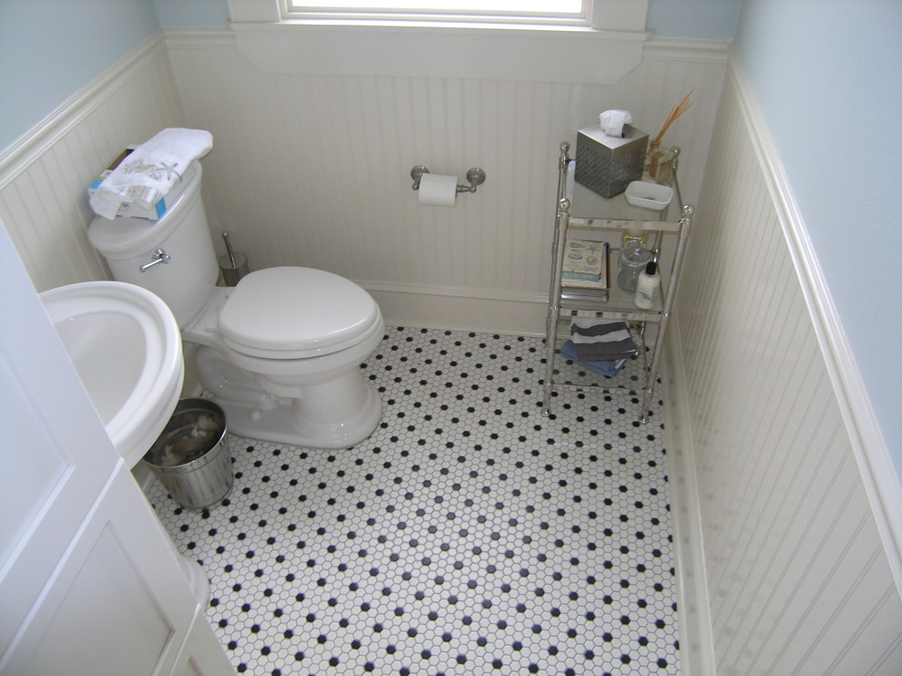 Inspiration for a small timeless 3/4 black tile, black and white tile, gray tile, white tile and mosaic tile mosaic tile floor bathroom remodel in Tampa with shaker cabinets, white cabinets, a one-piece toilet, gray walls, a pedestal sink and quartz countertops