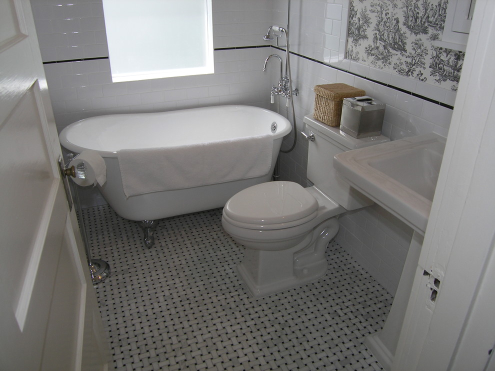 Inspiration for a small classic shower room bathroom in Tampa with shaker cabinets, white cabinets, a claw-foot bath, an alcove shower, a one-piece toilet, black tiles, black and white tiles, grey tiles, white tiles, mosaic tiles, grey walls, mosaic tile flooring, a pedestal sink and engineered stone worktops.