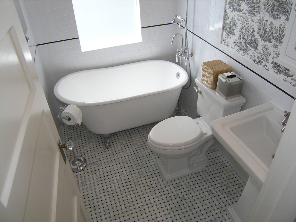 Bathroom - small traditional 3/4 black tile, black and white tile, gray tile, white tile and mosaic tile mosaic tile floor bathroom idea in Tampa with shaker cabinets, white cabinets, a one-piece toilet, gray walls, a pedestal sink and quartz countertops