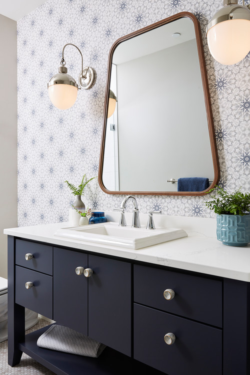 Transitional Charm: Unique Mirror and Bubble Sconces - Bathroom Wallpaper Ideas