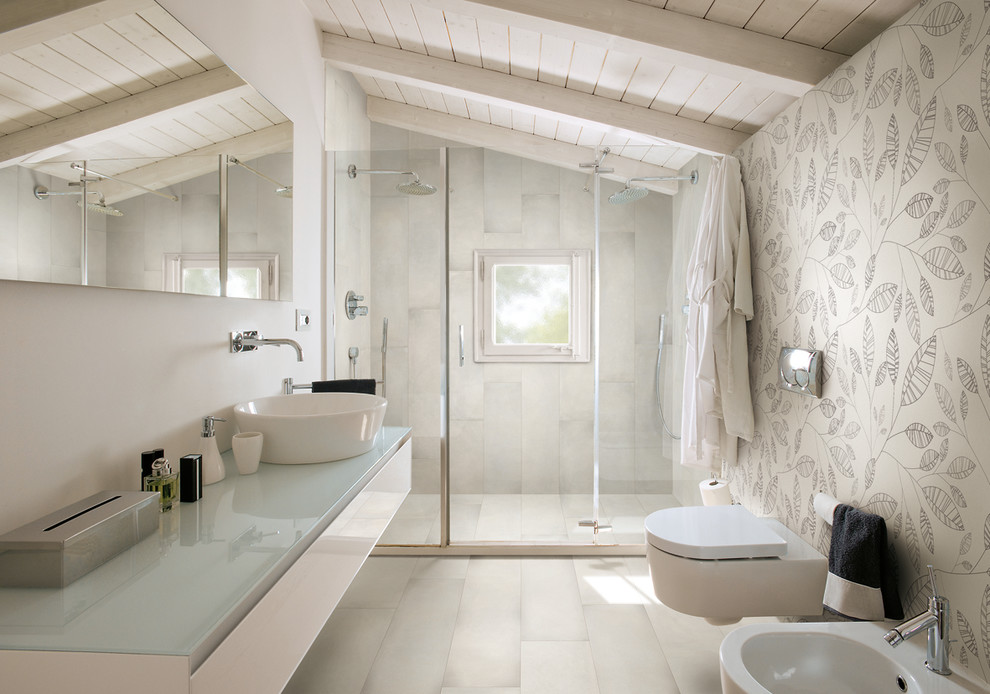 Large contemporary shower room bathroom in Other with flat-panel cabinets, white cabinets, an alcove shower, multi-coloured walls, ceramic flooring, a vessel sink, glass worktops and white floors.