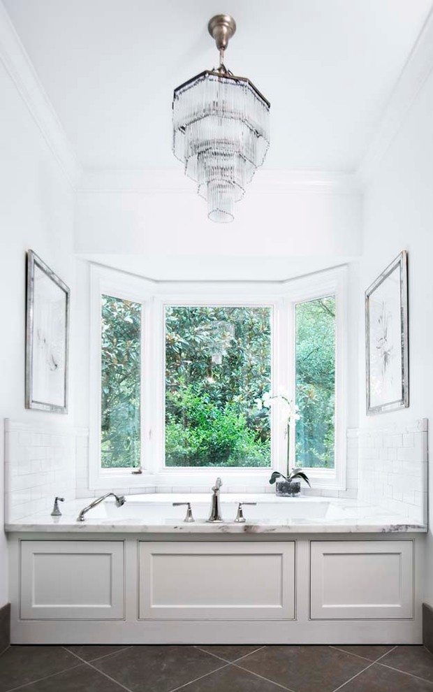 Example of a large classic master white tile and subway tile alcove bathtub design in Other with shaker cabinets, white cabinets, marble countertops and white walls