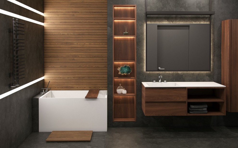 Идея дизайна: главная ванная комната среднего размера в стиле неоклассика (современная классика) с открытыми фасадами, отдельно стоящей ванной, серой плиткой, серыми стенами, монолитной раковиной и серым полом