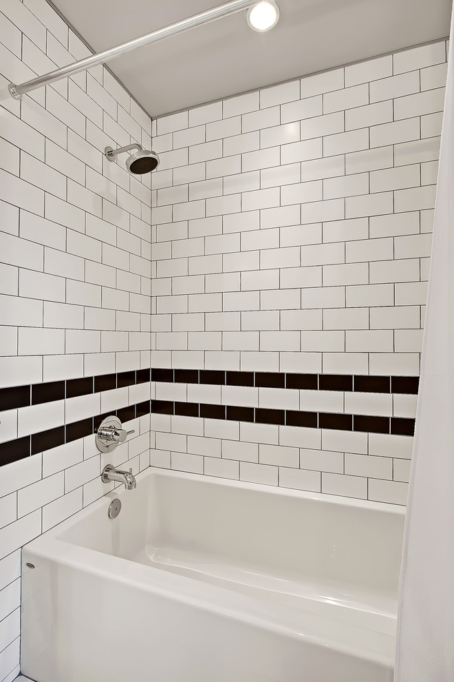 Bathroom - transitional white tile and ceramic tile porcelain tile and white floor bathroom idea in Calgary with shaker cabinets, white cabinets, a two-piece toilet, gray walls, an undermount sink and marble countertops