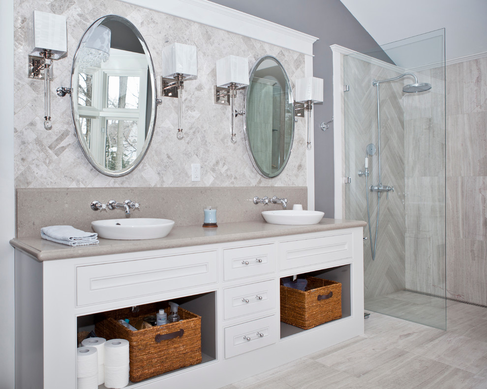 Example of a classic gray tile walk-in shower design in Toronto with a vessel sink, white cabinets, gray walls and gray countertops
