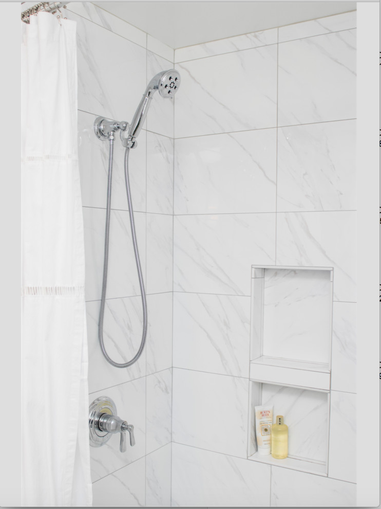 Bathroom - mid-sized traditional master white tile and marble tile marble floor and white floor bathroom idea in Providence with flat-panel cabinets, blue cabinets, a two-piece toilet, blue walls, an undermount sink and quartz countertops