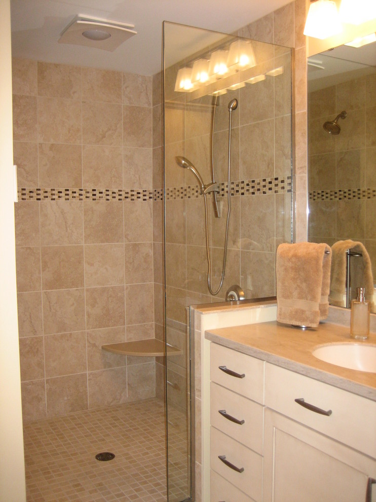Mid-sized elegant master beige tile and ceramic tile double shower photo in Other with an integrated sink, recessed-panel cabinets, white cabinets, solid surface countertops and beige walls