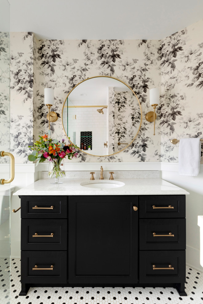Large elegant master white tile and subway tile porcelain tile bathroom photo in Other with flat-panel cabinets, black cabinets, an undermount sink, quartz countertops, a hinged shower door and white countertops