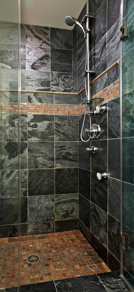 Design ideas for a small traditional ensuite bathroom in Chicago with a built-in bath, an alcove shower, a two-piece toilet, black tiles, grey tiles, green tiles, glass tiles, green walls, marble flooring and a submerged sink.