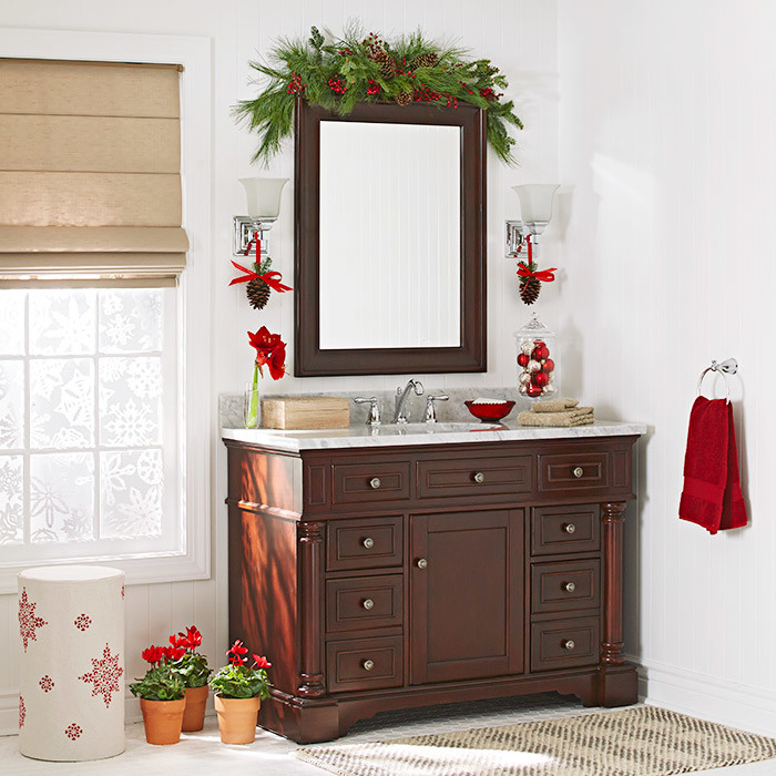 Inspiration for a mid-sized transitional mosaic tile floor bathroom remodel in Charlotte with an undermount sink, flat-panel cabinets, dark wood cabinets, granite countertops and white walls