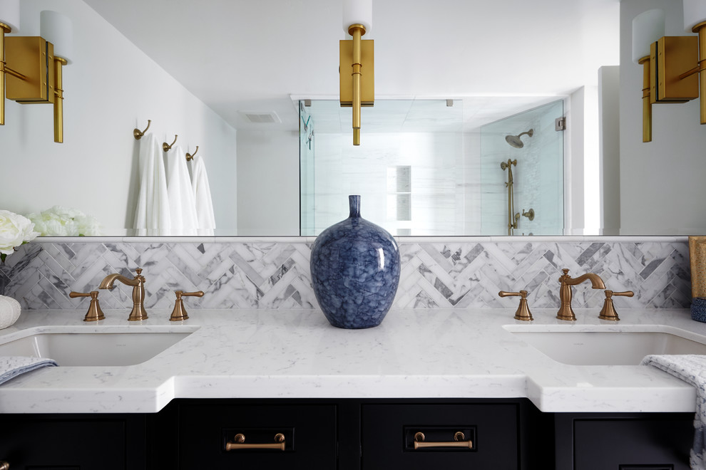 Inspiration for a medium sized nautical bathroom in San Diego with freestanding cabinets, black cabinets and grey walls.