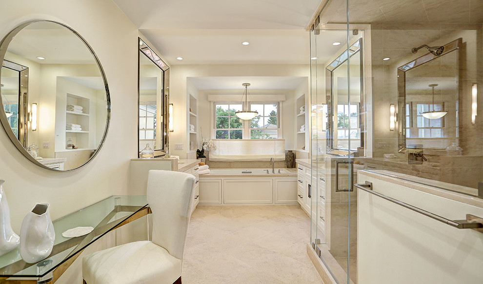 This is an example of a large traditional ensuite bathroom in Los Angeles with shaker cabinets, white cabinets, a built-in bath, a corner shower, beige tiles, porcelain tiles, beige walls, porcelain flooring, a submerged sink, quartz worktops, beige floors, a hinged door and beige worktops.