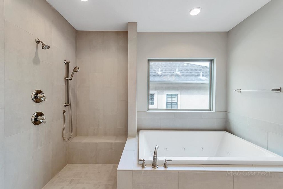 Medium sized contemporary ensuite bathroom in Houston with shaker cabinets, white cabinets, a hot tub, a corner shower, a two-piece toilet, grey tiles, stone tiles, grey walls, limestone flooring, a submerged sink, granite worktops, grey floors, an open shower and white worktops.