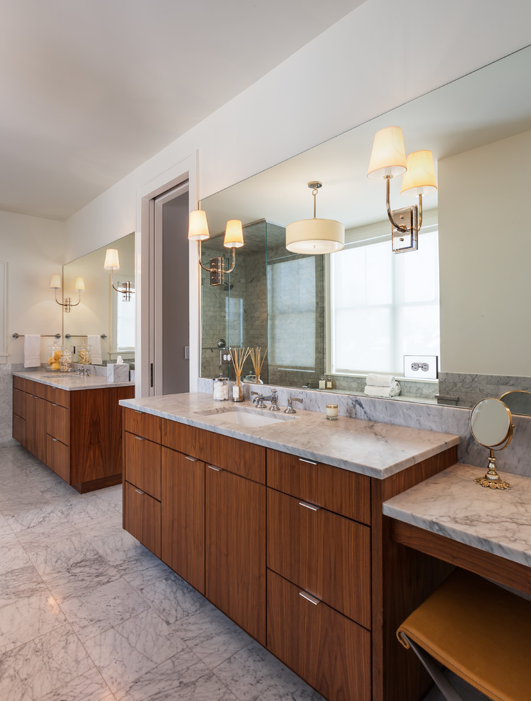 Photo of a large contemporary ensuite bathroom in Minneapolis with a submerged sink, flat-panel cabinets, medium wood cabinets, marble worktops, white tiles, stone tiles, white walls and marble flooring.