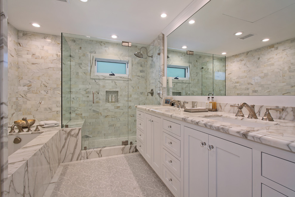 Inspiration for a large timeless master gray tile, white tile, yellow tile and marble tile marble floor and gray floor bathroom remodel in Orange County with recessed-panel cabinets, marble countertops, white cabinets, a two-piece toilet, white walls, an undermount sink, a hinged shower door and gray countertops