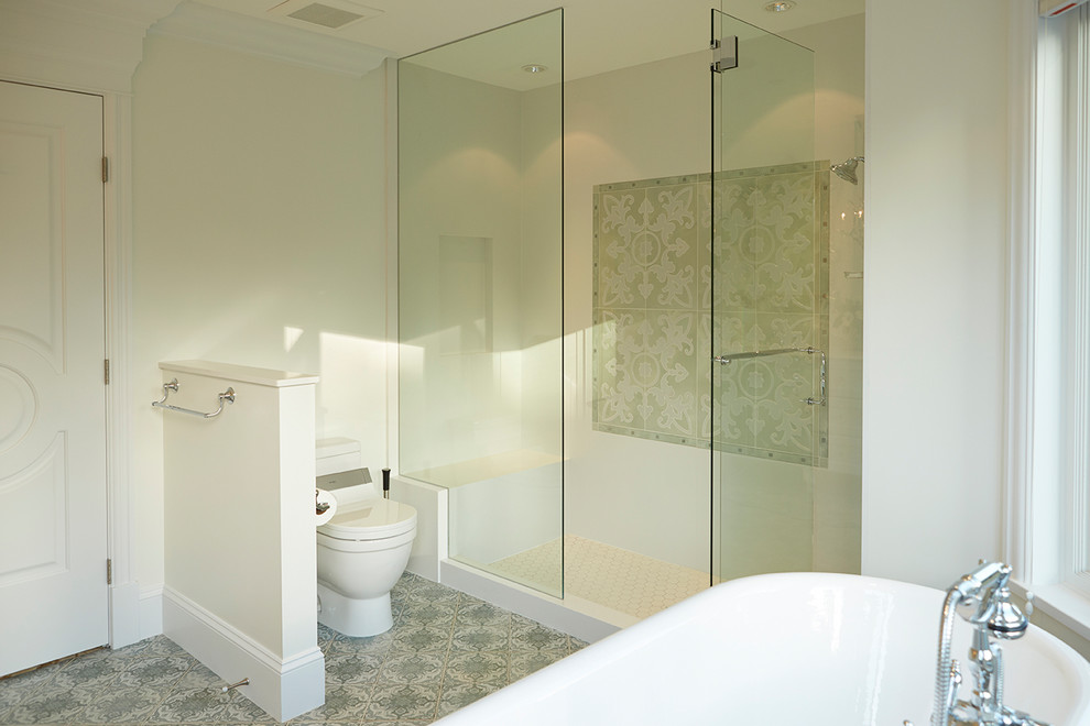 Medium sized classic ensuite bathroom in Vancouver with freestanding cabinets, white cabinets, a claw-foot bath, an alcove shower, a one-piece toilet, white tiles, porcelain tiles, white walls, ceramic flooring, a submerged sink, engineered stone worktops, green floors and a hinged door.