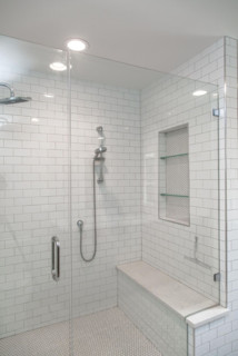 Shower Bath Niche with subway tile and glass shelves. Shower bath feature a niche  with subway tile and gl…