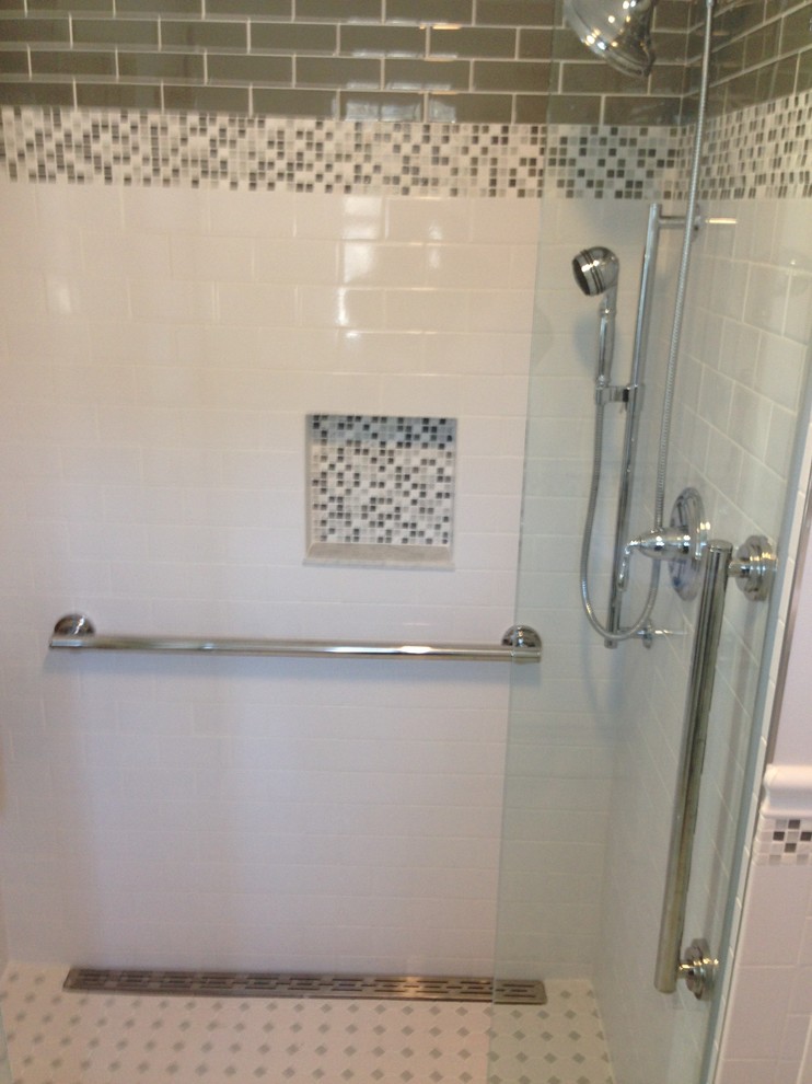 Mid-sized minimalist master beige tile and glass tile white floor and mosaic tile floor alcove shower photo in Boston with a two-piece toilet, white walls and a pedestal sink