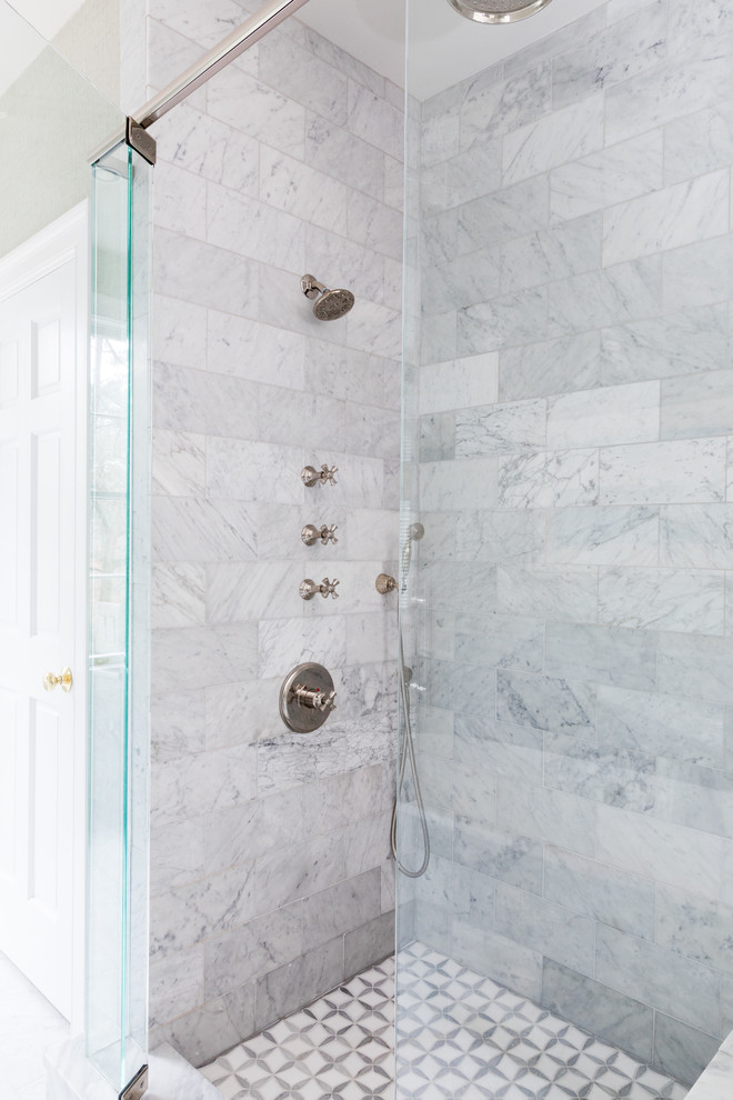 Design ideas for a small classic bathroom in Atlanta with white cabinets, a freestanding bath, multi-coloured tiles, marble tiles, green walls, marble flooring, a submerged sink, marble worktops, multi-coloured floors, a hinged door and multi-coloured worktops.