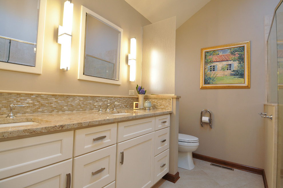 Mid-sized transitional master multicolored tile and porcelain tile porcelain tile bathroom photo in San Francisco with an undermount sink, recessed-panel cabinets, white cabinets, granite countertops, a two-piece toilet and beige walls