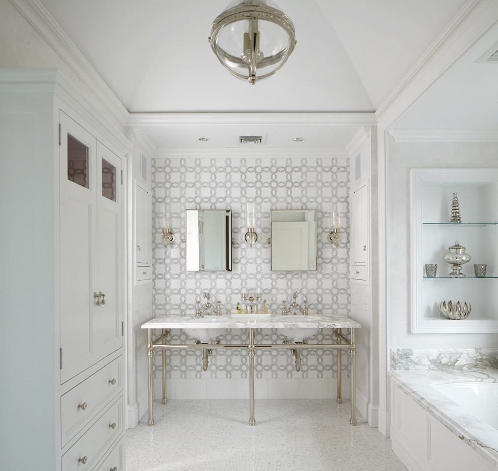 Inspiration for a medium sized classic ensuite bathroom in New York with marble worktops, multi-coloured tiles, mosaic tiles, mosaic tile flooring, white walls, white cabinets, an alcove shower, a two-piece toilet, a console sink and a submerged bath.