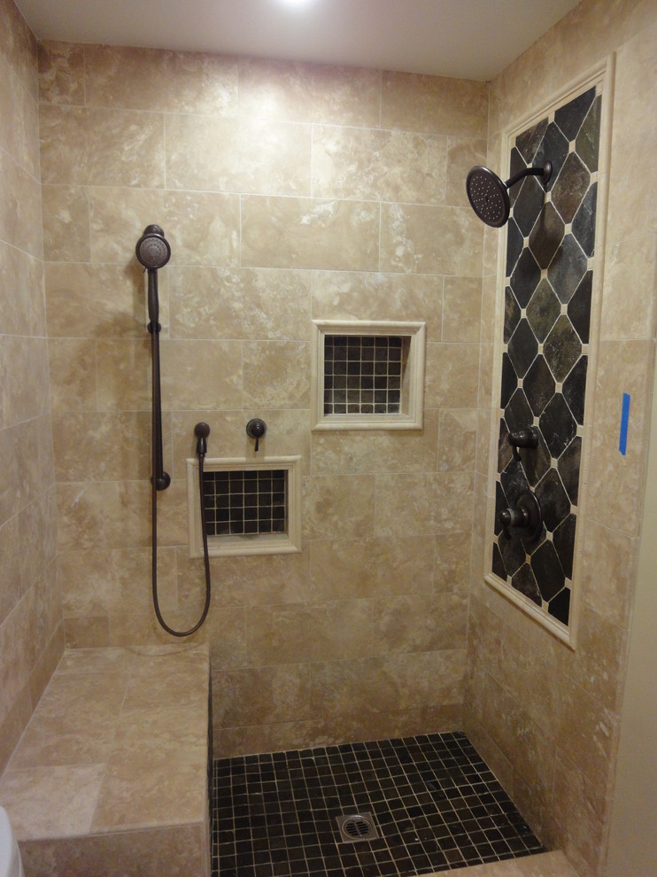 Inspiration for a mid-sized timeless 3/4 beige tile and stone tile travertine floor alcove shower remodel in Los Angeles with furniture-like cabinets, medium tone wood cabinets, a two-piece toilet, white walls, an undermount sink and granite countertops