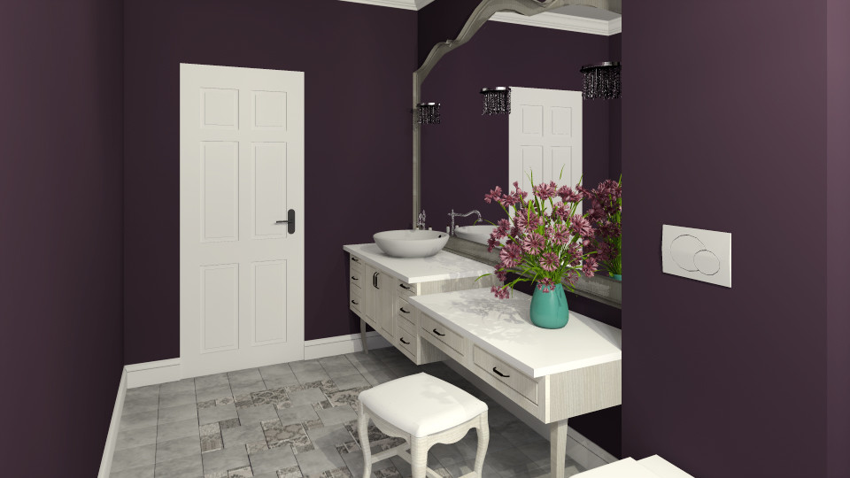 他の地域にある高級な中くらいなトランジショナルスタイルのおしゃれなマスターバスルーム (ベッセル式洗面器、家具調キャビネット、淡色木目調キャビネット、置き型浴槽、壁掛け式トイレ、グレーのタイル、テラコッタタイル、紫の壁) の写真