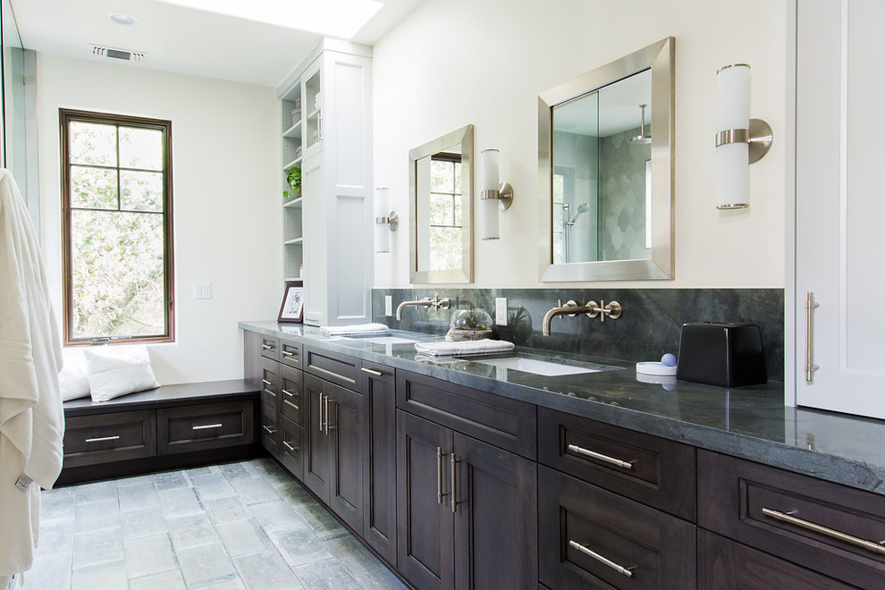 Example of a large arts and crafts master cement tile floor and gray floor bathroom design in San Luis Obispo with recessed-panel cabinets, dark wood cabinets, white walls and an undermount sink