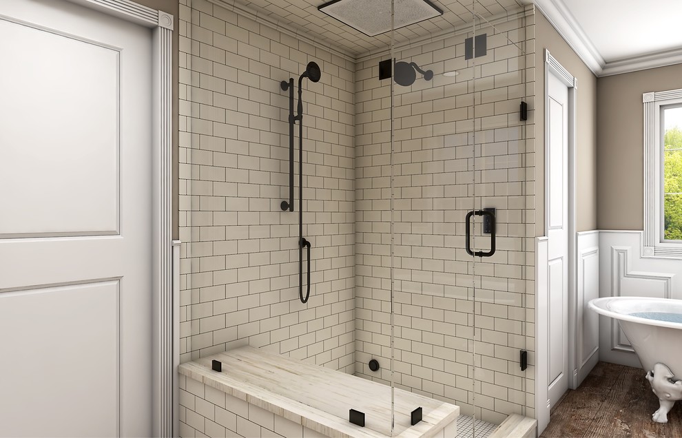 Elegant master bathroom photo with white cabinets and a hinged shower door