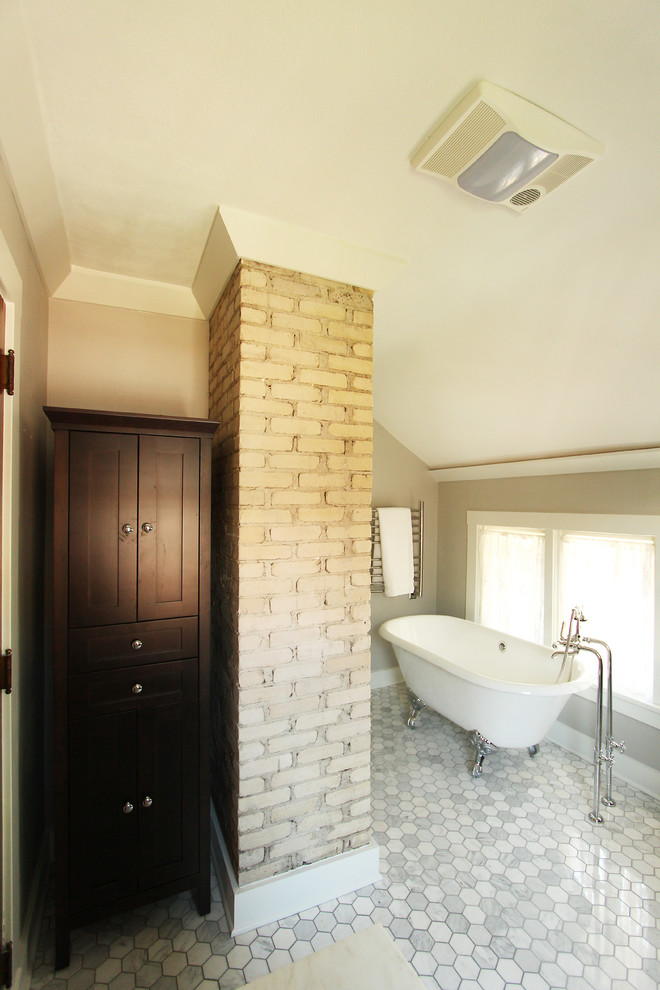 Small elegant master white tile and porcelain tile marble floor and gray floor bathroom photo in Other with recessed-panel cabinets, dark wood cabinets, a two-piece toilet, gray walls, an undermount sink, marble countertops, a hinged shower door and white countertops