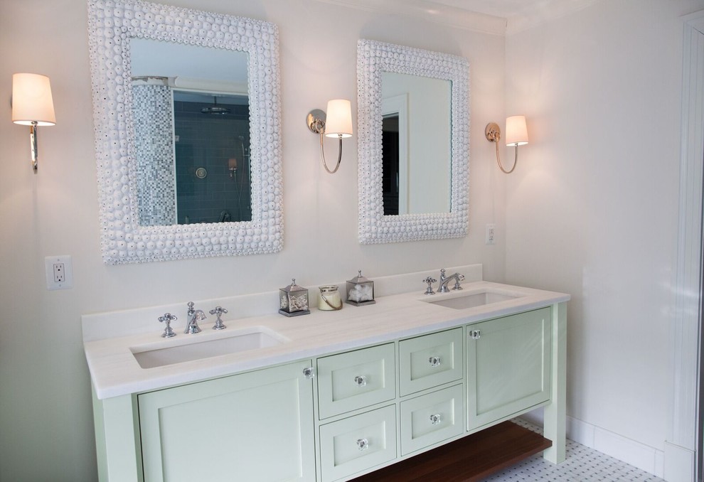 Inspiration for a mid-sized coastal kids' blue tile marble floor and white floor bathroom remodel in Baltimore with shaker cabinets, green cabinets, white walls, an undermount sink and quartzite countertops