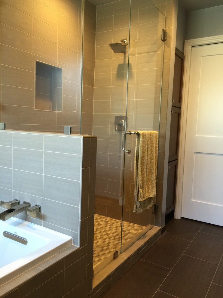 Bathroom - mid-sized modern master brown tile and porcelain tile porcelain tile bathroom idea in Los Angeles