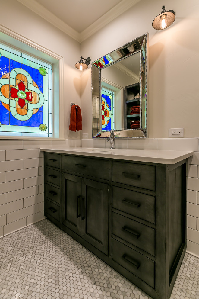 Small classic shower room bathroom in Austin with recessed-panel cabinets, dark wood cabinets, a walk-in shower, a two-piece toilet, white tiles, ceramic tiles, white walls, marble flooring, a submerged sink and engineered stone worktops.