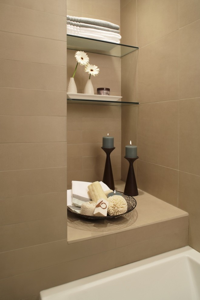 Drop-in bathtub - contemporary beige tile drop-in bathtub idea in Detroit