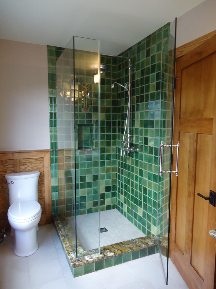 Example of a small arts and crafts green tile and ceramic tile ceramic tile bathroom design in Philadelphia with shaker cabinets, light wood cabinets, a one-piece toilet, multicolored walls, a vessel sink and granite countertops