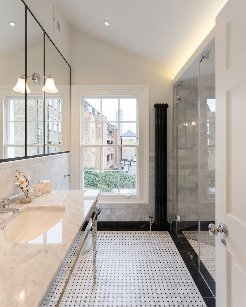 Design ideas for a small contemporary shower room bathroom in London with flat-panel cabinets, beige cabinets, a walk-in shower, a wall mounted toilet, beige tiles, porcelain tiles, beige walls, porcelain flooring, an integrated sink, engineered stone worktops, beige floors and an open shower.