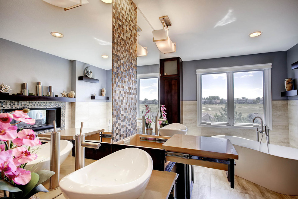 Example of a large trendy master beige tile and ceramic tile ceramic tile bathroom design in Denver with a vessel sink, shaker cabinets, medium tone wood cabinets, quartz countertops, a two-piece toilet and blue walls