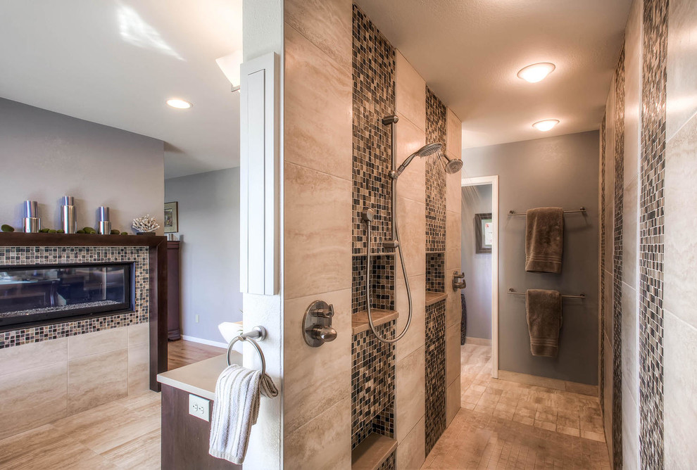 Design ideas for a large contemporary ensuite bathroom in Denver with a vessel sink, shaker cabinets, medium wood cabinets, engineered stone worktops, a freestanding bath, a walk-in shower, a two-piece toilet, beige tiles, ceramic tiles, blue walls and ceramic flooring.