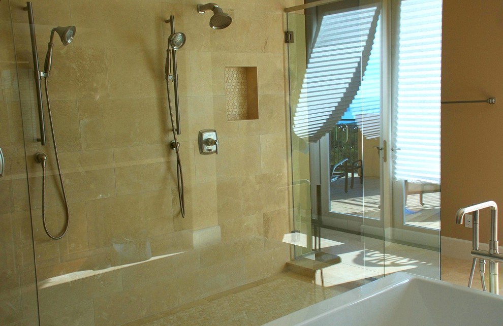 Large modern ensuite bathroom in Orange County with a double shower, beige tiles, beige walls, ceramic tiles and ceramic flooring.