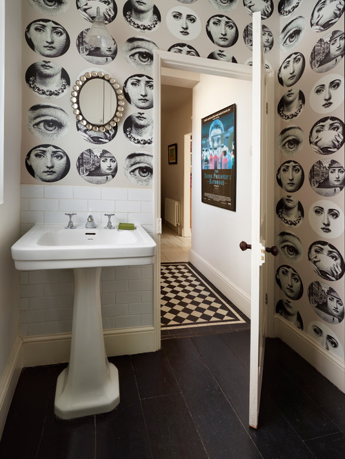 Distinctive Elegance: Bathroom Wallpaper Ideas with White Subway Tile Backdrop