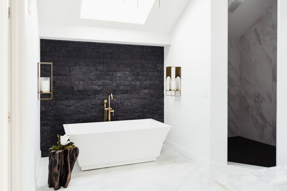 Bathroom - coastal black and white tile double-sink and vaulted ceiling bathroom idea in Kansas City with shaker cabinets, white cabinets, white walls and an undermount sink