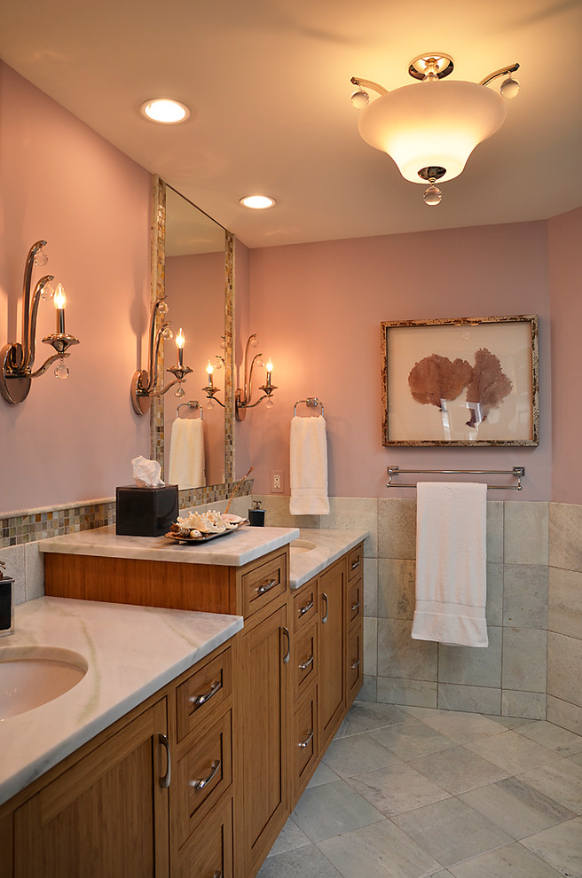Example of a large beach style master gray tile and porcelain tile porcelain tile double shower design in Philadelphia with an undermount sink, shaker cabinets, medium tone wood cabinets, pink walls and granite countertops