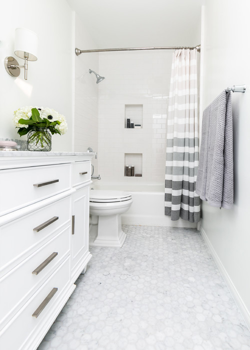 Transitional Elegance: Gray Hexagon Tiles with White Shaker Vanity Curtain Ideas
