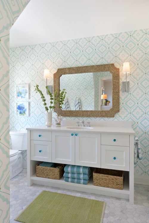 Classic Nautical Touch: White Shaker Vanity with Blue Handles and Rope Mirror