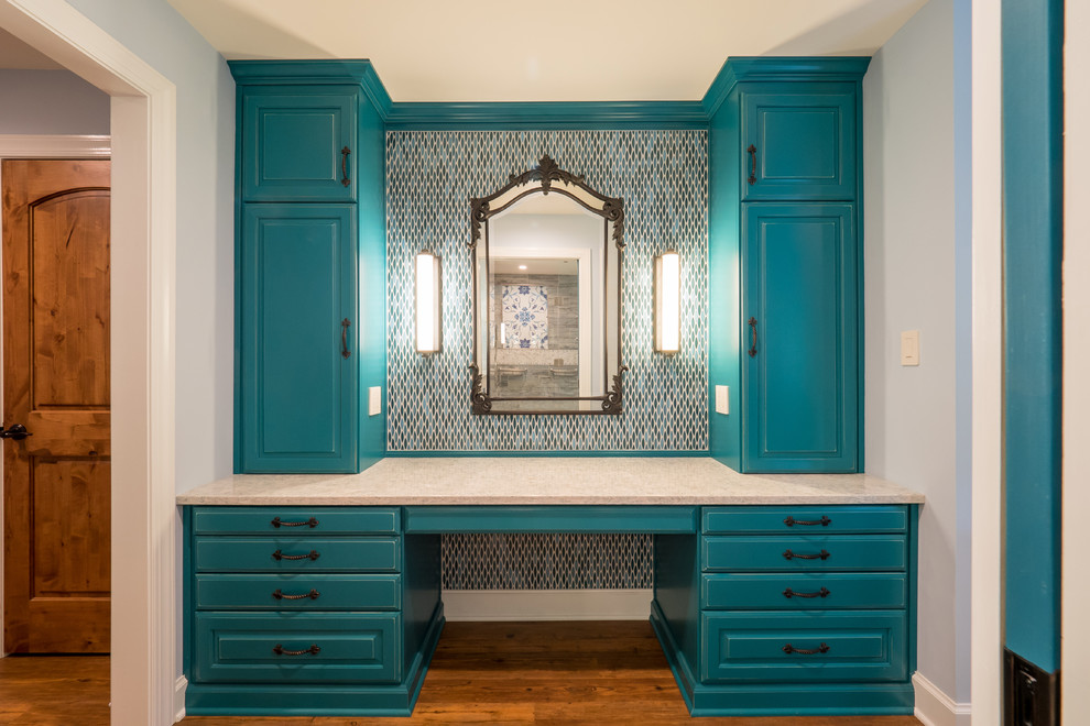 Inspiration for a mid-sized timeless master blue tile and ceramic tile medium tone wood floor and brown floor bathroom remodel in Other with recessed-panel cabinets, turquoise cabinets, quartz countertops, beige countertops and gray walls