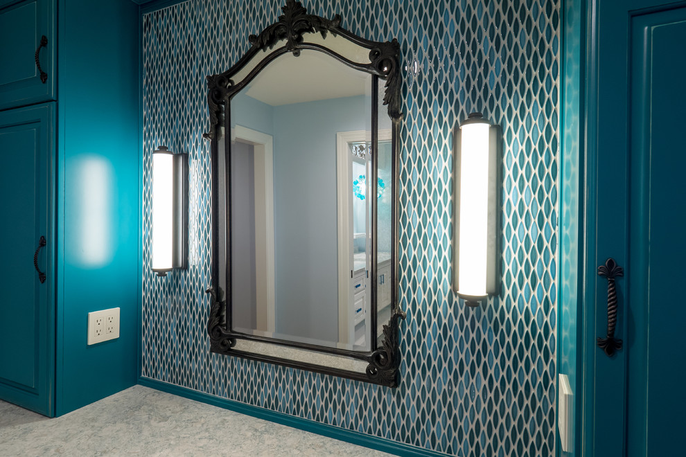 This is an example of a large classic ensuite bathroom in Other with recessed-panel cabinets, turquoise cabinets, an alcove bath, blue tiles, ceramic tiles, medium hardwood flooring, engineered stone worktops, brown floors, blue worktops and grey walls.