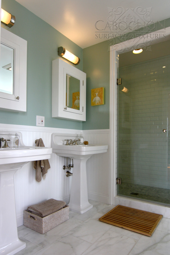 Inspiration for a medium sized nautical ensuite bathroom in San Diego with a pedestal sink, a claw-foot bath, a corner shower, a two-piece toilet, freestanding cabinets, turquoise cabinets, white tiles, stone tiles, green walls and marble flooring.