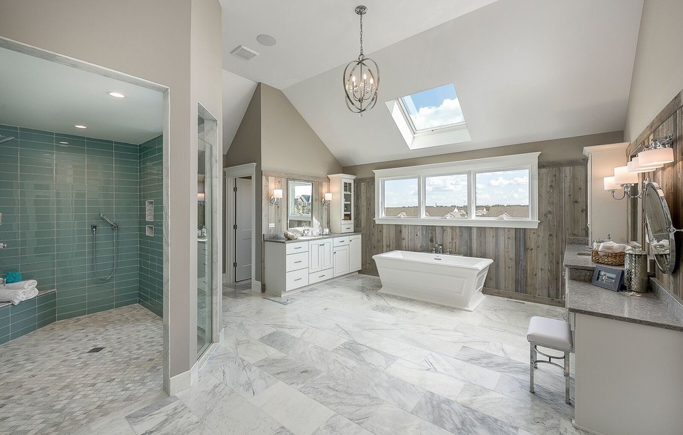 Design ideas for an expansive classic ensuite bathroom in Chicago with shaker cabinets, white cabinets, a freestanding bath, a built-in shower, grey tiles, metro tiles, marble flooring, a submerged sink, grey floors and an open shower.