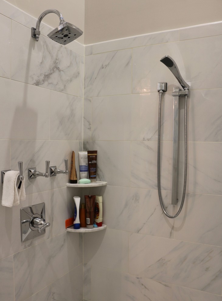 This is an example of a medium sized beach style shower room bathroom in Other with flat-panel cabinets, dark wood cabinets, white walls, dark hardwood flooring and a vessel sink.